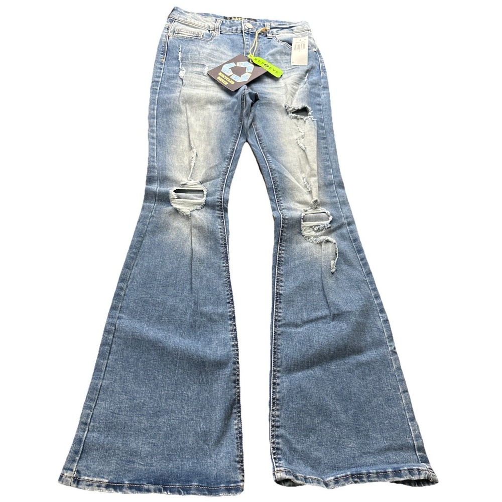 Indigo Rein Flare Jeans Women's Size 7 27x32.5 Blue High Rise Disstressed